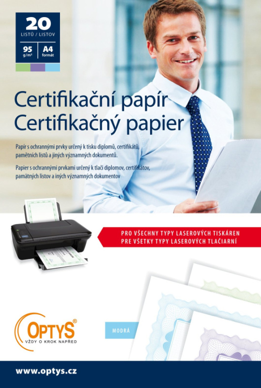 Certifikační papír A4, 20 listů, modrý OPTYS, spol. s r.o.