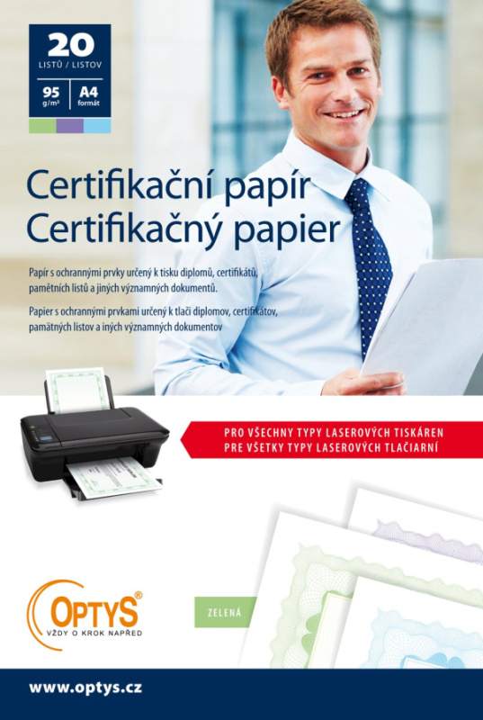 Certifikační papír A4, 20 listů, zelený OPTYS, spol. s r.o.