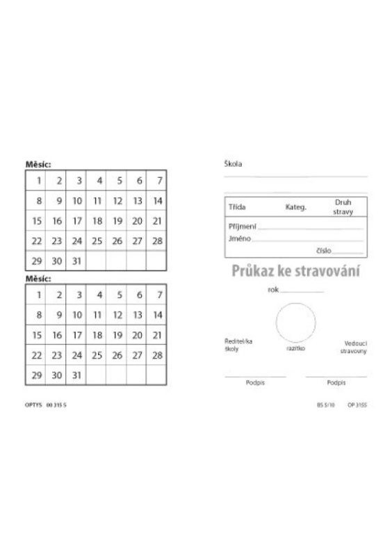 Průkaz ke stravování, obal, karta A6 OPTYS, spol. s r.o.