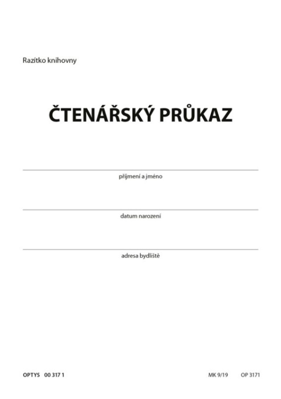 Čtenářský průkaz - skládaný list OPTYS, spol. s r.o.