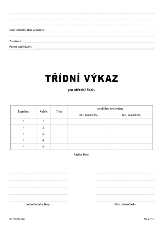 Třídní výkaz - obal OPTYS, spol. s r.o.