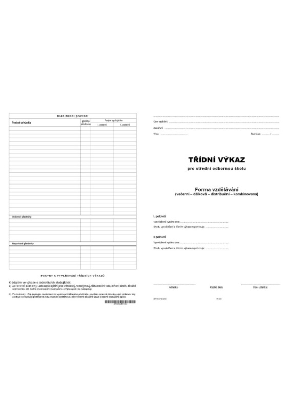 Třídní výkaz - obal (studium při zaměstnání) OPTYS, spol. s r.o.