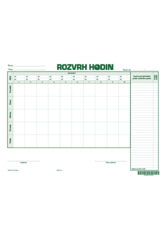 Rozvrh hodin třídní (bez předmětů) OPTYS, spol. s r.o.