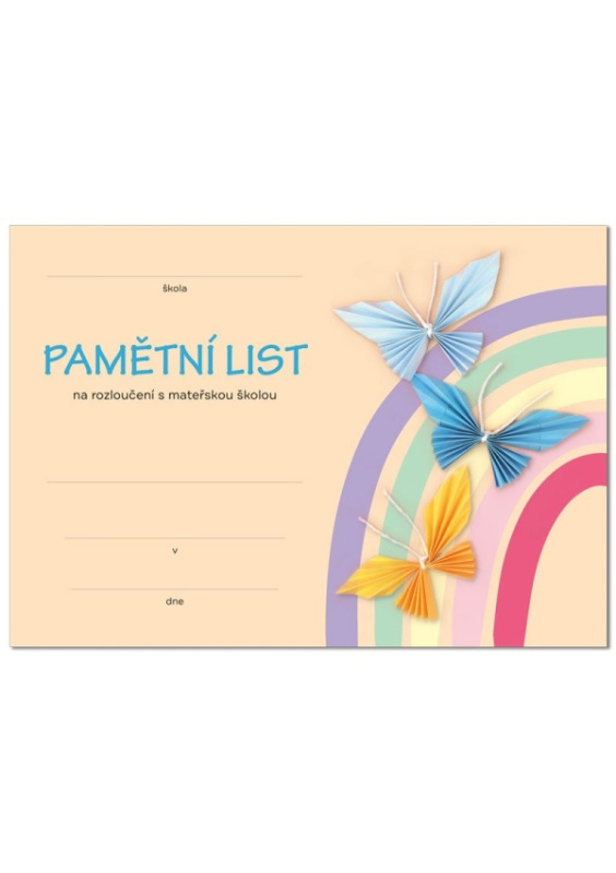 Pamětní list rozloučení s MŠ, motýlci OPTYS, spol. s r.o.