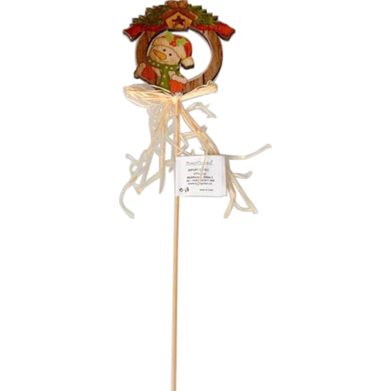 EverGreen Dřevěný malovaný vánoční zápich se slaměnou mašličkou, 26 cm