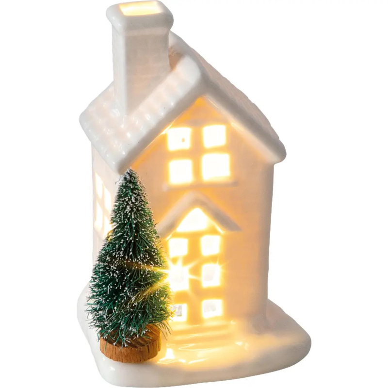 Vánoční dekorace RETLUX RXL 391 - domek s LED světlem, výška 11,4cm, bílý porcelán