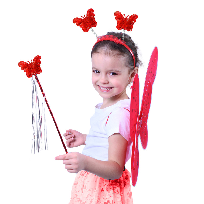 Rappa Motýlí křídla červená s čelenkou a hůlkou