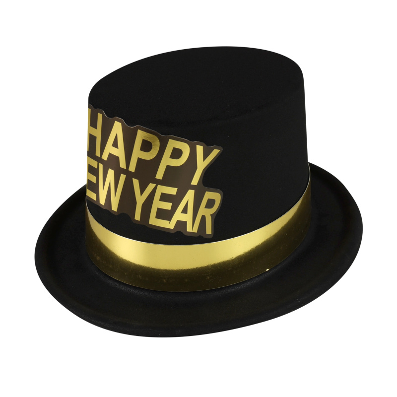 Černý novoroční klobouk se zlatým lemováním Happy New Year