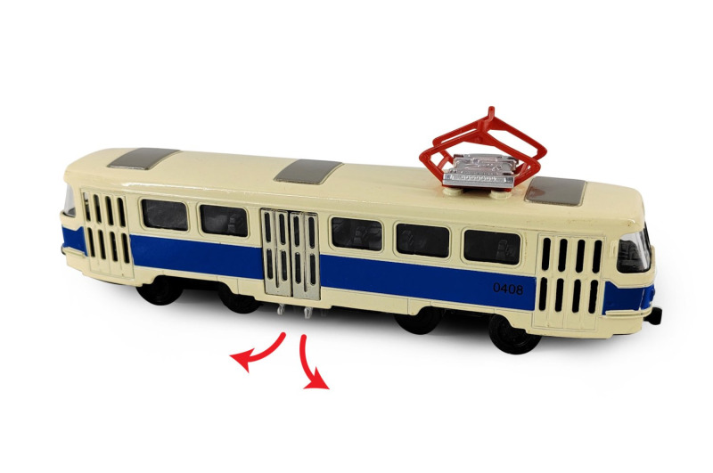 Kovová retro tramvaj T3 modrá 16 cm se světlem a zvukem