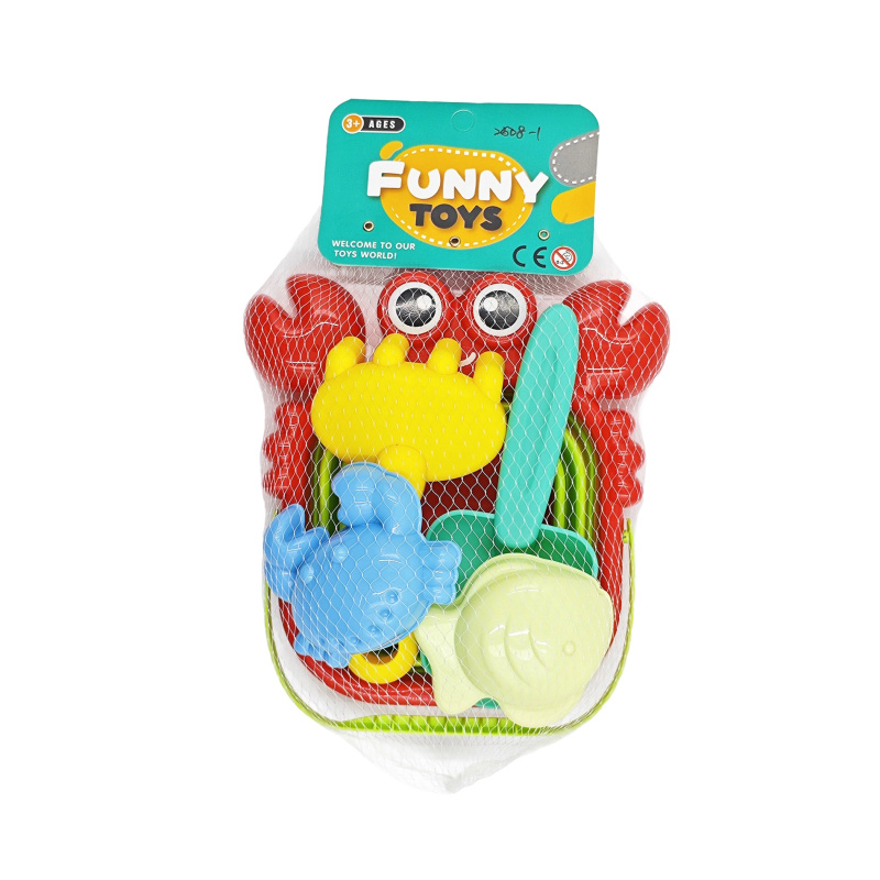 Sada na písek s krabem – skládací kyblík, lopatka, hrábě a formičky