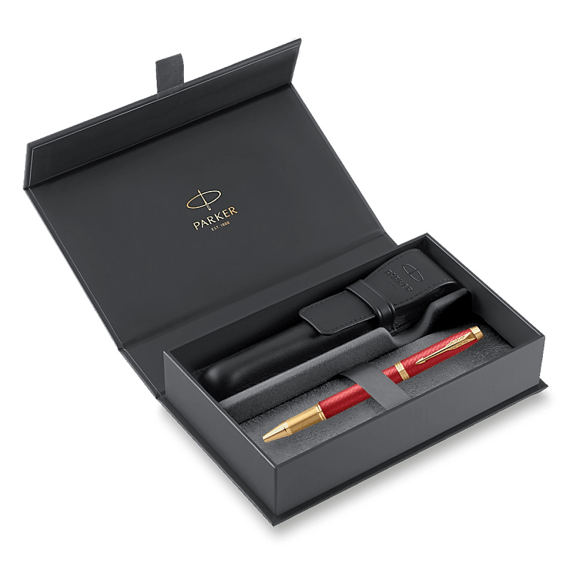 Parker IM Premium Red GT roller, dárková sada s koženým pouzdrem