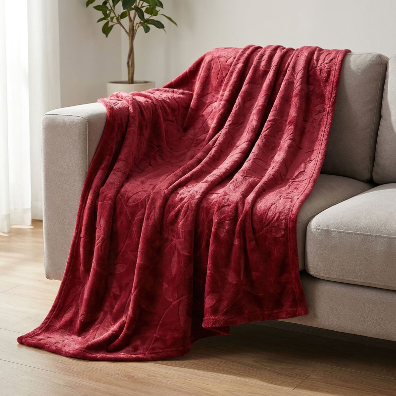 Avax deka mikroflanel JARNÍ EMBOSS QK-236, listy, vínová, 150x200cm