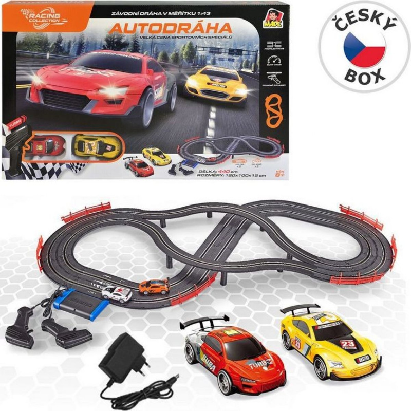 Autodráha, 2 auta, 2 ovladače, s chargerem, délka trati 440cm,