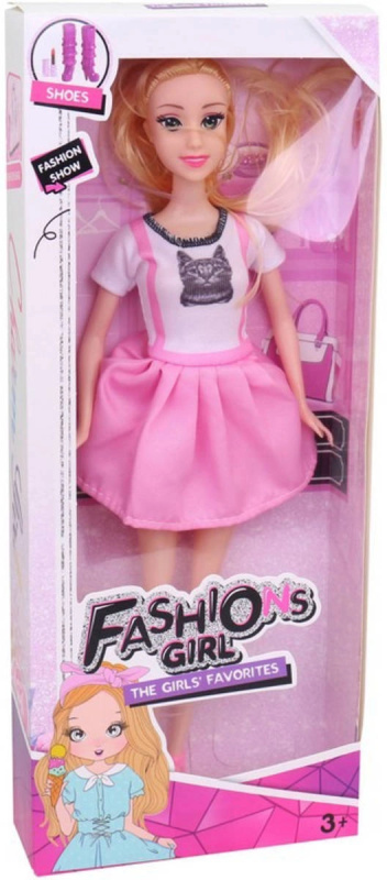 Fashion panenka 29 cm v růžových letních šatech s kočičkou