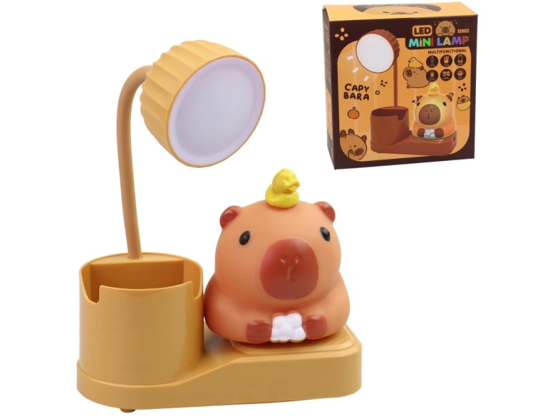 Roztomilá stolní LED lampička Kapybara s organizérem na psací potřeby, USB napájení