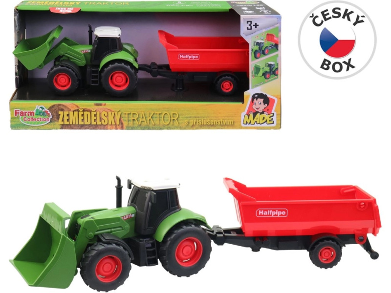 Farm Collection traktor s přívěsem na setrvačník se světlem a zvukem 30 cm (1:32)