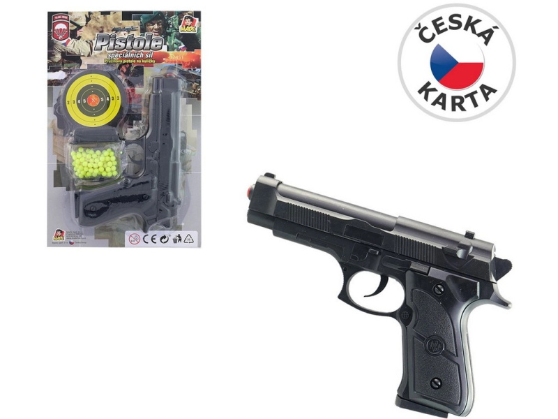 Pistolka na kartě s náhradními kuličkami 18 cm