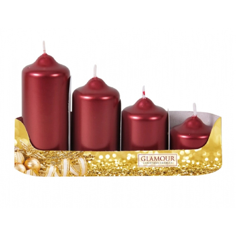 Stupňovité adventní svíčky, metalická červená, pr. 4,5 x 4/7/9/11 cm, 4 ks