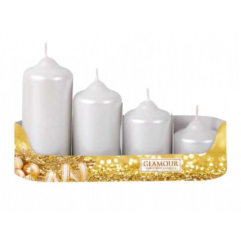 Stupňovité adventní svíčky, metalická bílá, pr. 4,5 x 4/7/9/11 cm, 4 ks