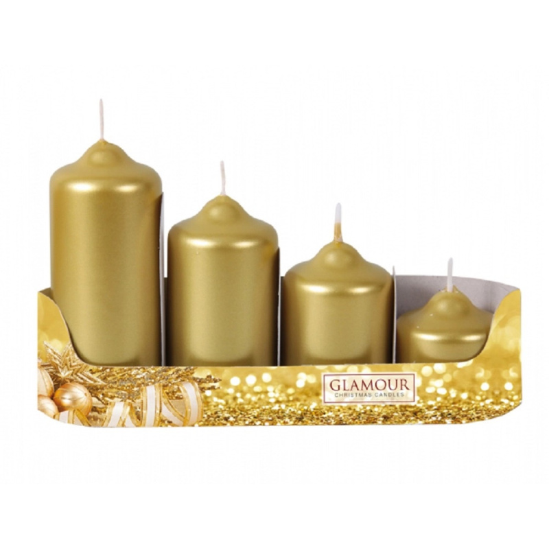 Stupňovité adventní svíčky, metalická zlatá, pr. 4,5 x 4/7/9/11 cm, 4 ks