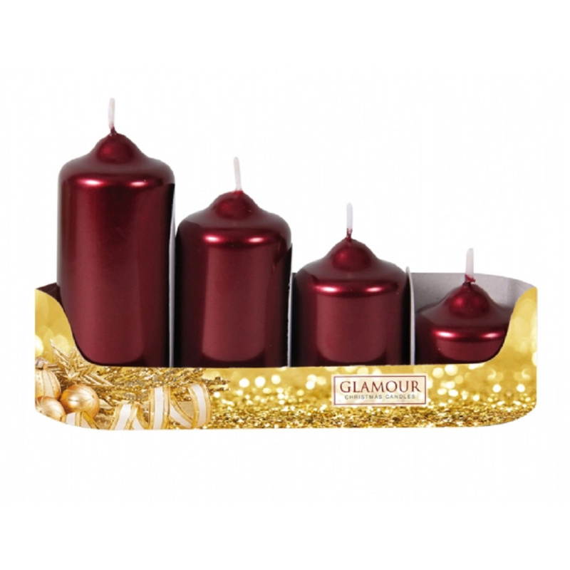 Stupňovité adventní svíčky, metalická bordó, pr. 4,5 x 4/7/9/11 cm, 4 ks