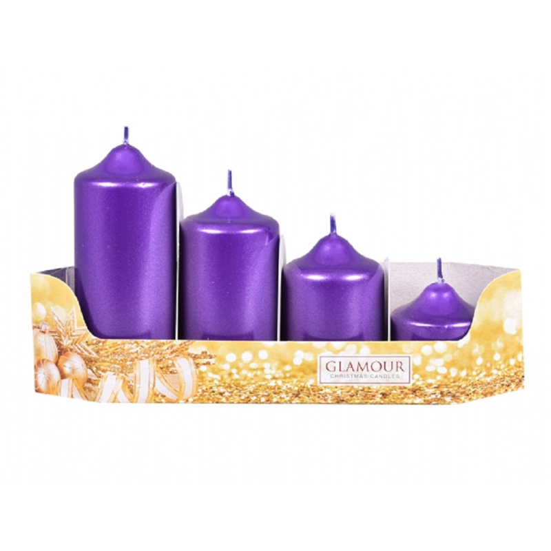 Stupňovité adventní svíčky, metalická fialová, pr. 4,5 x 4/7/9/11 cm, 4 ks