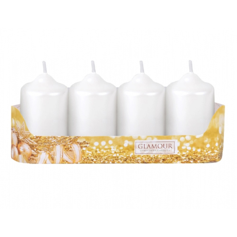 Adventní svíčka válec, metalická lesklá bílá, pr. 5 x 9 cm, 4 ks