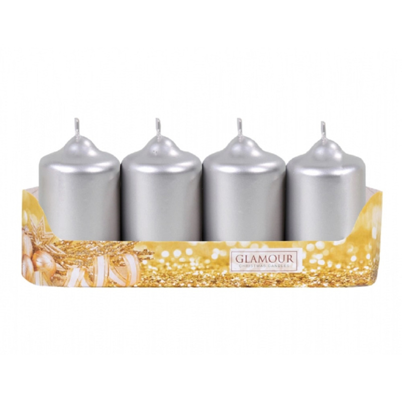 Adventní svíčka válec, metalická lesklá stříbrná, pr. 5 x 9 cm, 4 ks