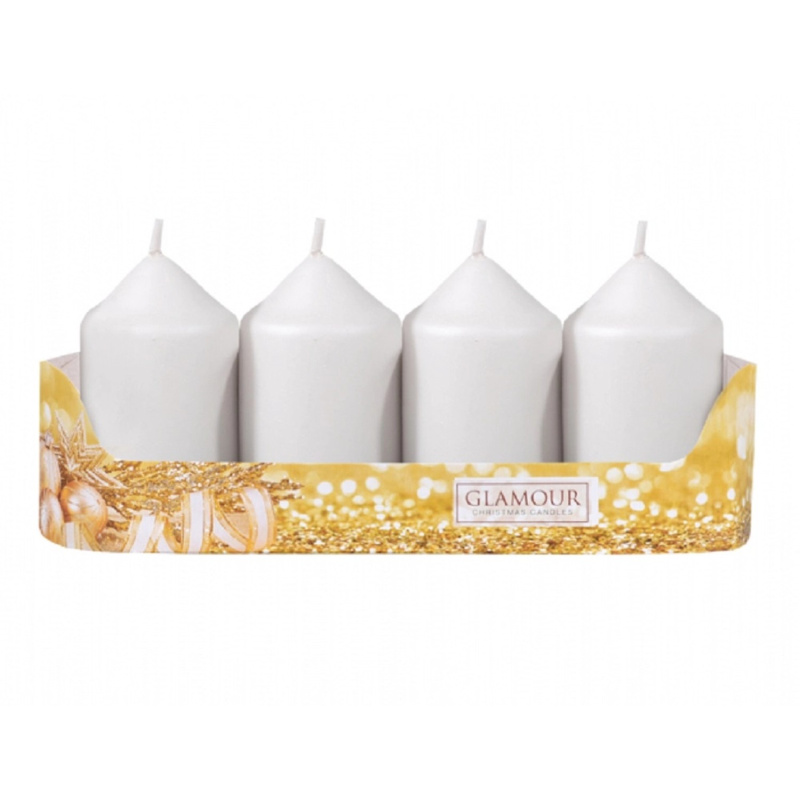 Adventní svíčka válec, metalická matná bílá, pr. 5 x 9 cm, 4 ks