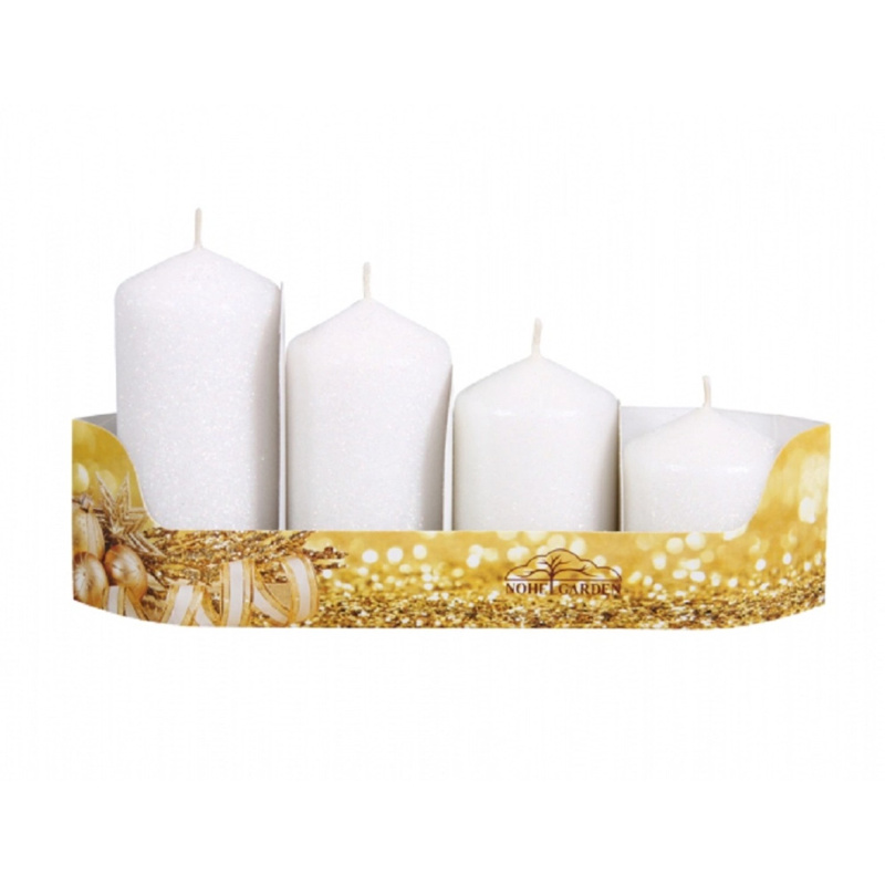 Svíčky adventní STUPŇOVITÉ glitrované bílá, pr. 5 x 6/7,5/9/10,5 cm, 4 ks