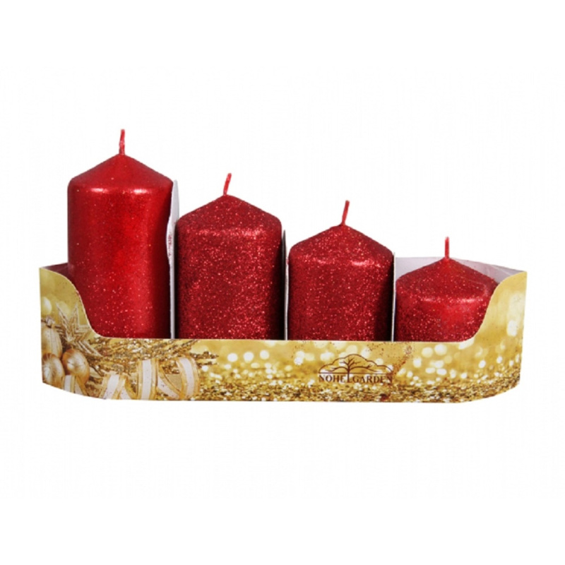 Svíčky adventní STUPŇOVITÉ glitrované červená, pr. 5 x 6/7,5/9/10,5 cm, 4 ks