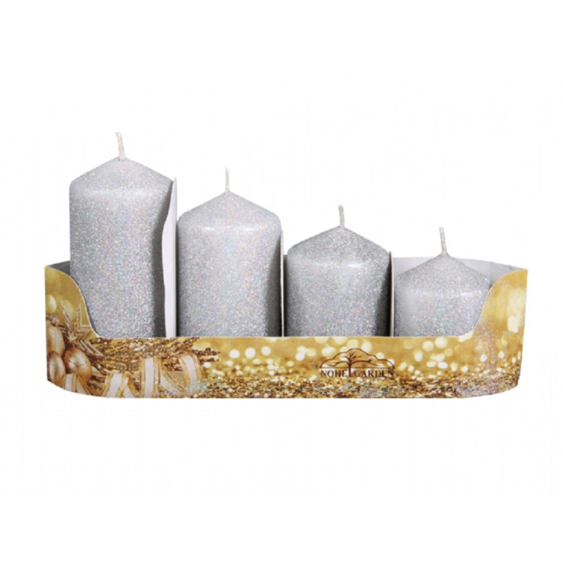 Svíčky adventní STUPŇOVITÉ glitrované stříbrná, pr. 5 x 6/7,5/9/10,5 cm, 4 ks