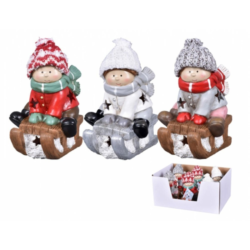 Dítě na sáňkách LED polyresinové, různé druhy, 13 x 7 x 13 cm