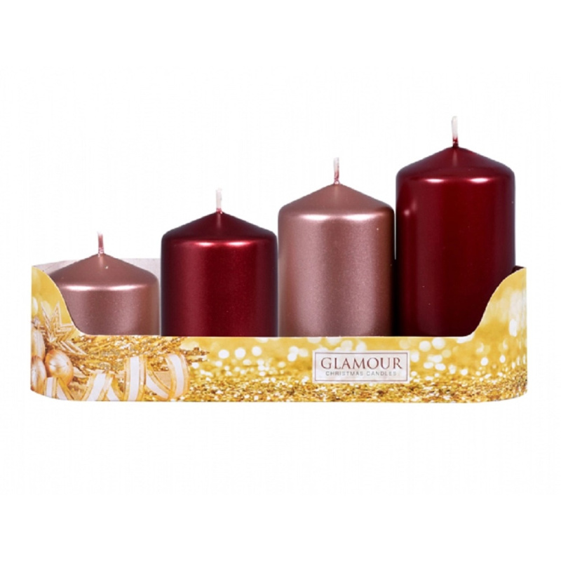 Svíčky adventní STUPŇOVITÝ MIX metal lesk růž-zla/bordó, pr. 5 x 6/7,5/9/10,5 cm