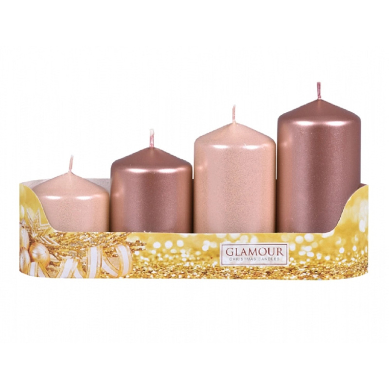 Svíčky adventní STUPŇOVITÝ MIX metal lesk růž-zla/brosk, pr. 5 x 6/7,5/9/10,5 cm