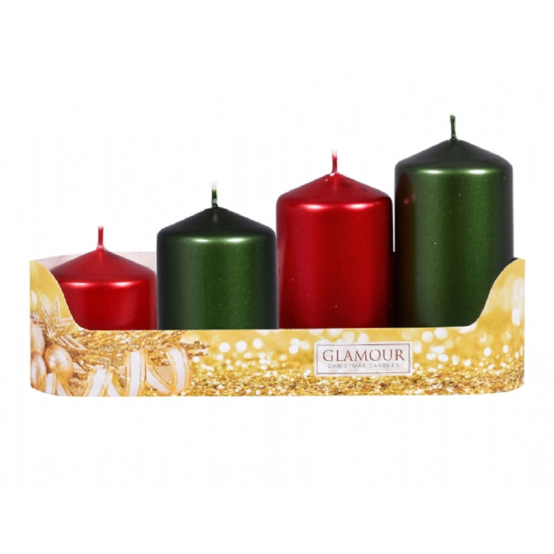 Svíčky adventní STUPŇOVITÝ MIX metal lesk zelená/červená, pr. 5 x 6/7,5/9/10,5cm