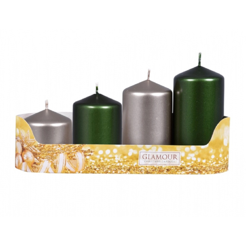 Svíčky adventní STUPŇOVITÝ MIX metal lesk zelená/šampaň, pr. 5 x 6/7,5/9/10,5 cm