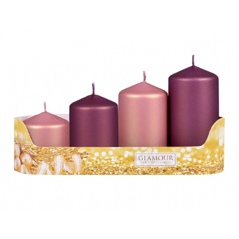 Svíčky adventní STUPŇOVITÝ MIX metal mat fialrůž/fial., pr. 5 x 6/7,5/9/10,5 cm