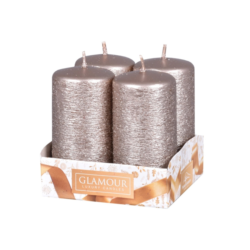 Nohel Garden Válcové svíčky škrábané bílostříbrné metalické pr. 4 x 8 cm, 4 ks