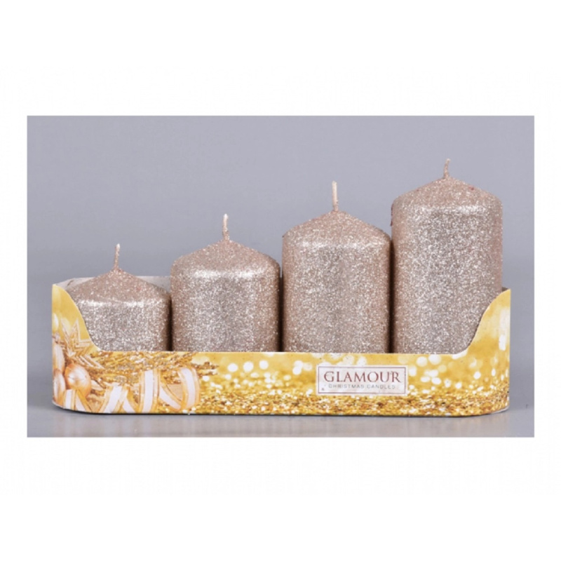 Svíčky adventní STUPŇOVITÉ glitrované šampaňská, pr. 5 x 6/7,5/9/10,5 cm, 4 ks