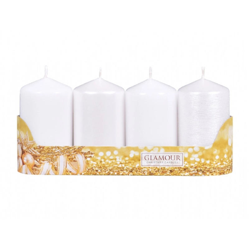 Nohel Garden Svíčka adventní VÁLEC mix povrchů bílá, pr. 5 x 9 cm, 4 ks