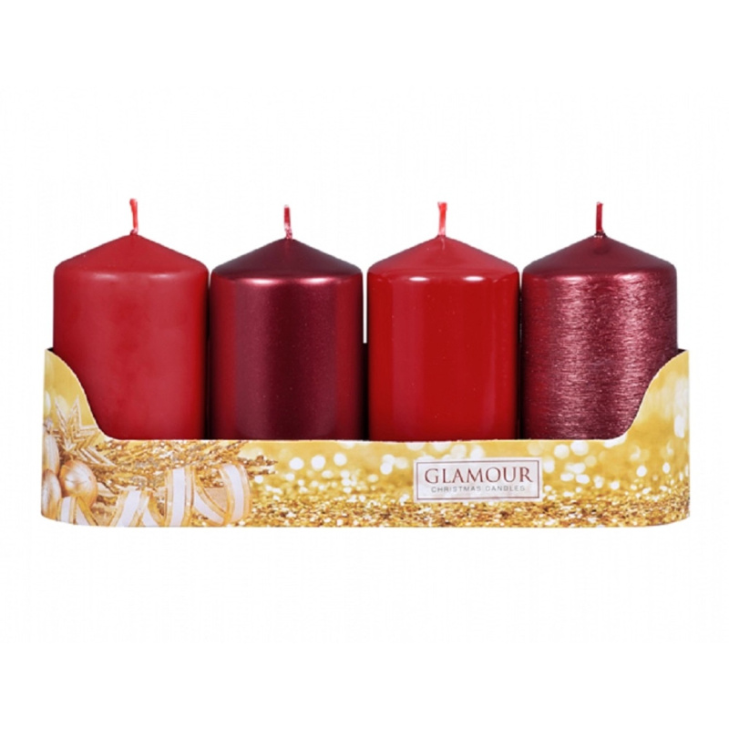 Nohel Garden Svíčka adventní VÁLEC mix povrchů červená/bordó, pr. 5 x 9 cm, 4 ks