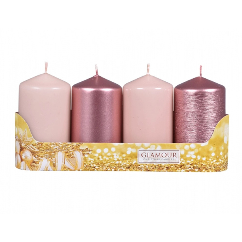 Svíčka adventní VÁLEC mix povrchů růžová/růžovo-zlatá, pr. 5 x 9 cm, 4 ks