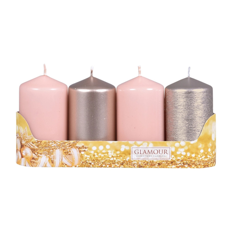 Nohel Garden Válcové svíčky mix povrchů, stříbrné/růžové pr. 5 x 9 cm, 4 ks