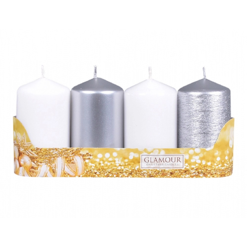 Nohel Garden Svíčka adventní VÁLEC mix povrchů stříbrná/bílá, pr. 5 x 9 cm, 4 ks