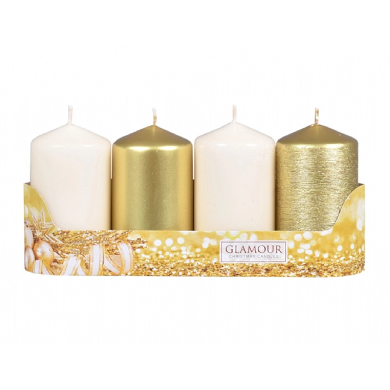 Nohel Garden Svíčka adventní VÁLEC mix povrchů zlatá/béžová, pr. 5 x 9 cm, 4 ks
