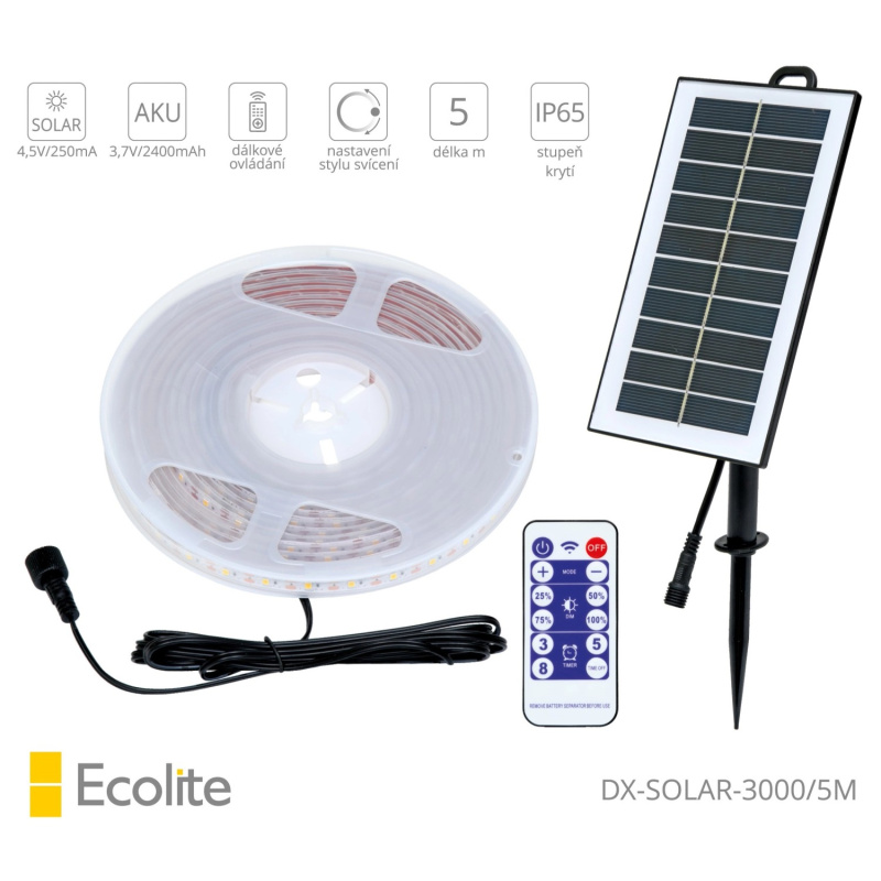 Ecolite LED solární pásek SOLAR STRIP DX-SOLAR-3000/5M, 96 lm/m, 3000 K