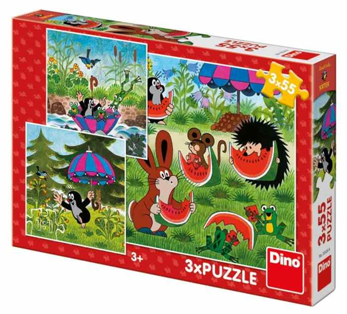 Dino Krteček a paraplíčko puzzle 3x55 dílků