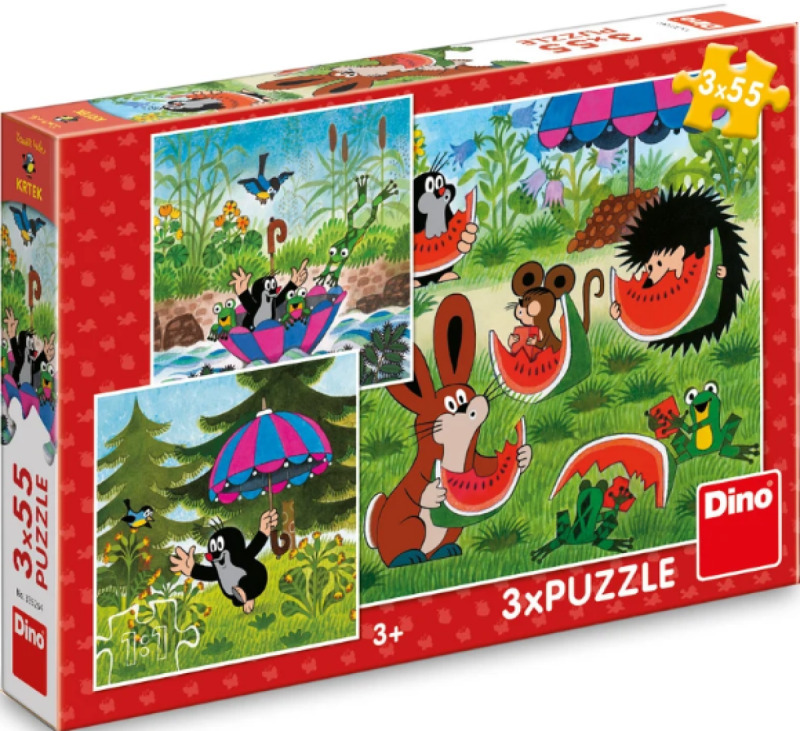 Dino Krteček a paraplíčko puzzle 3x55 dílků