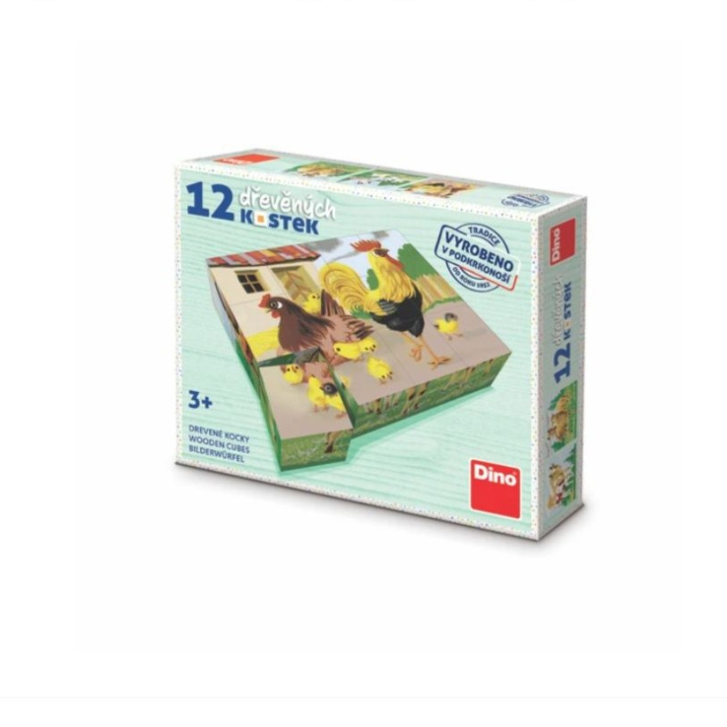Dino Dřevěné obrázkové kostky Domáčí zvířátka retro 12 kostek